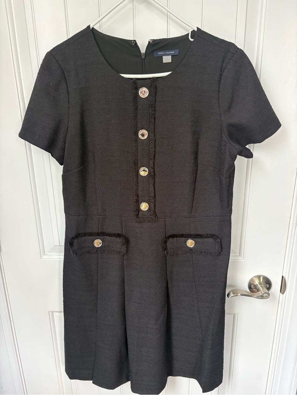 Tommy Hilfiger Black Tweed Short-Sleeve Mini Dress with Gold Buttons